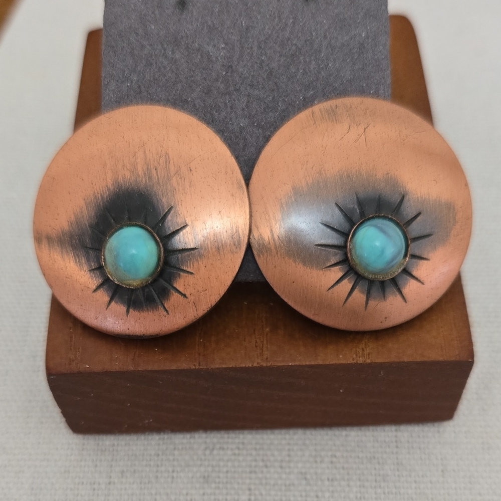Vintage Copper & Turquoise Clip-On Earrings